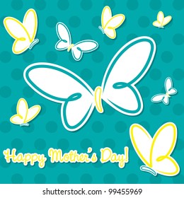 Aqua and yellow butterfly "Happy Mother's Day" sticker card in vector format.