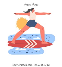 Aqua Yoga concept. Woman practicing yoga on a surfboard at sea. Harmonizing mind and body through exercise. Vector illustration.