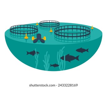 Aquaculture - controlled cultivation of aquatic organisms such as fish, crustaceans, mollusks and other under controlled or seminatural conditions. Decorative vector diagram