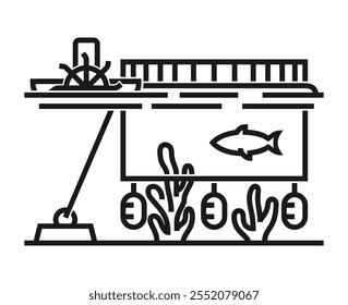 Aquaculture - controlled cultivation of aquatic organisms such as fish, crustaceans, mollusks and other under controlled or seminatural conditions. Icon in bold line