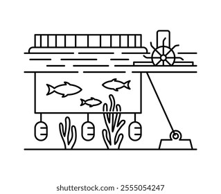 Aquaculture - controlled cultivation of aquatic organisms such as fish, crustaceans, mollusks and other under controlled or seminatural conditions. Icon in thin line