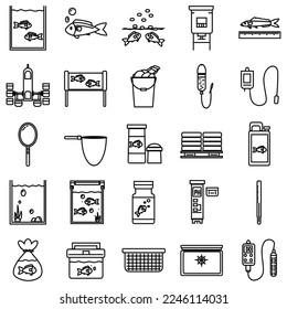 Aquaculture Icon in Line Style for any Purpose, Perfect for Use in Persentation and Onether use, Fish in Tank, Feeding, Auto Feeding, Growth Fish, Cold Box, DO Meter, pH meter, Thermometer.