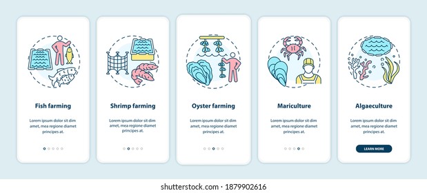 Aquaculture onboarding mobile app page screen with concepts. Mariculture. Seafood farms types walkthrough 5 steps graphic instructions. UI vector template with RGB color illustrations