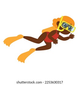 Aquadiver girl swims in a swimsuit and snorkeling equipment. Illustration of a child in cartoon style isolated on a white background.Children's activity in nature.