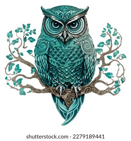 Aqua-Eyed Celtic Owl sitting a branch vector illustration on white background