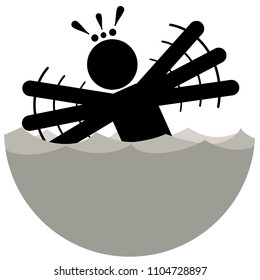 Aquafobia. Hydrophobia. Phobia. Vector Illustration of a man suffering from the fear of water. Man waving His Arms. Man can't swim. Logo, icon, silhouette, sticker, sign.