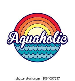 aquaholic text with waves and rainbow