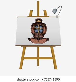 Aqualung antique diving equipment. Hand drawn vector stock illustration on easel