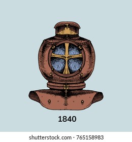 Aqualung antique diving equipment. Hand drawn vector stock illustration