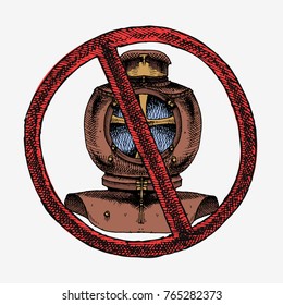 Aqualung antique diving equipment. Hand drawn vector stock illustration in red sign