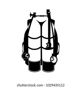 Aqualung for diving vector illustration. Scuba underwater diving equipment, black template, flat style design.