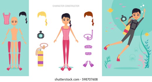 Aqualunger character constructor set. Cartoon vector flat infographic illustration. Girl diver in swimsuit and mask engaged in snorkelling and diving. Shooting for the camera of the underwater world