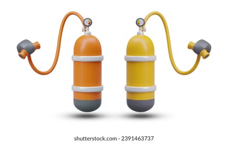 Aqualungs with tubes with masks. Supplying oxygen to scuba divers for diving underwater. Vector illustration in 3D style on white background and shadow