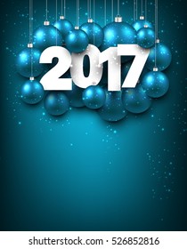 Aquamarine 2017 New Year background with Christmas balls. Vector illustration.