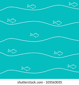 Aquamarine background with celadon fish swimming in white stylized waves