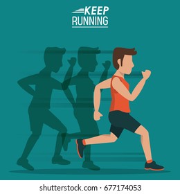 aquamarine background of poster keep running with man athlete with shadows him behind