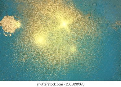 Aquamarine blue and gold shining abstract marble background. Vector texture in alcohol ink technique with glitter. Template for banner, poster design. Fluid art painting