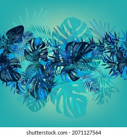 aquamarine and blue tropical leaves on a turquoise background. Seamless pattern in the style of Jungalow and Hawaii. Botanical background.