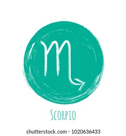 Aquamarine circle Scorpio zodiac sign, hand painted horoscope symbol vector. Astrological icon isolated. Scorpio astrology zodiac symbol clip art on white background.