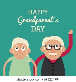 aquamarine color card with half body couple of elderly with text happy grandparents day and him with glasses