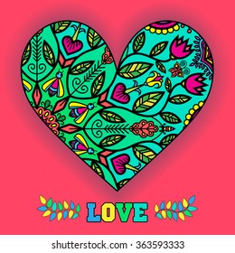 aquamarine floral heart on a pink background,card for Valentine's Day