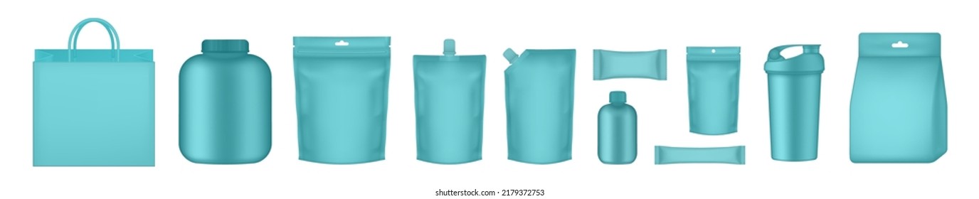 Aquamarine green packaging set. Realistic jar, pouch, doy pack, sachet, shaker, bag. Set of sports food bottles and protein bars. Vitamines, l-carnitine, caseine, capsules, and whey. Fitness nutrition