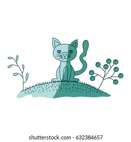 aquamarine hand drawn silhouette of cat in hill with plants vector illustration