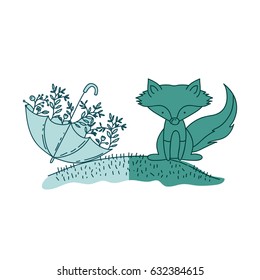 aquamarine hand drawn silhouette of fox in hill and umbrella with plants vector illustration