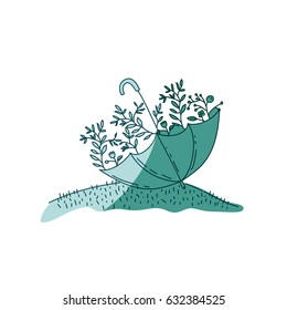 aquamarine hand drawn silhouette of umbrella with plants in hill vector illustration