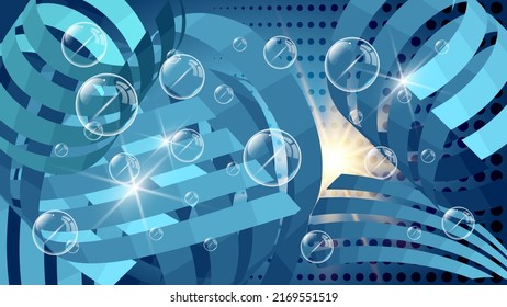 Aquamarine hi-tech wallpaper with 3D effect. Transparent bubbles of different sizes against the backdrop of overlapping futuristic shapes and bursts of energy. Vector.