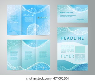 Aquamarine modern geometric with waves and a seashell. Colorful triangulated background Brochure, Flyer and Visiting card