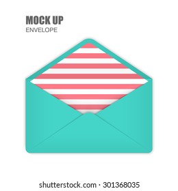 Aquamarine Open Empty Envelopes with pink stripes inside. Template for Your Business. Vector illustration