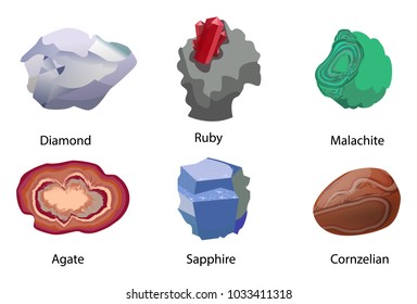 Aquamarine ruby malachite agate sapphire carnelian rhinestone garnet turquoise precious gemstones set isolated on white vector. Crystals minerals gems
