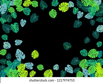 Aquamarine tropical jungle leaves vector scatter. Philodendron or monstera plant summer background. Awesome jungle plants tropical foliage pattern. Greenery vector with monstera leaves on black.