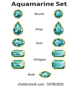 Aquamarines set different cut - round, drop, oval, boat and octagon. Brilliant three-dimensional jewelry on a white background. Isolated Objects. Used free font Amble (taken here www.fontsquirrel.com)