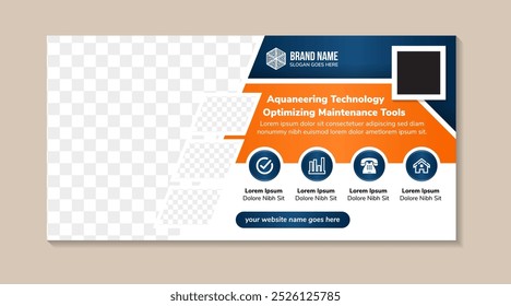 aquaneering technology optimizing maintenance tools design banners template with abstract infographic circle shape element. blue and orange colors gradient on white background. space for photo collage