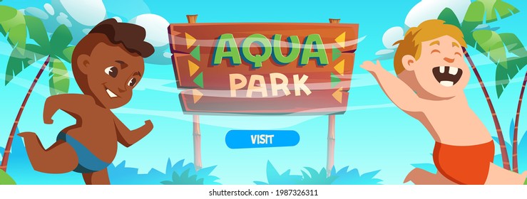 Aquapark banner with happy kids on sea beach with palm trees and wooden signboard. Vector poster with cartoon illustration of running boys play in summer resort waterpark