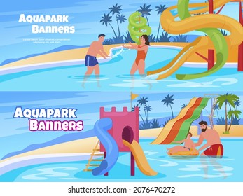 Aquapark Banner Set Vektorgrafik flach. Wassersportzentrum und Rutschen für Familien, Erwachsene und Kinder, die Werbung mit Platz für Text. Wassersport-Erholungszentrum