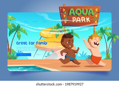 Página de inicio de la caricatura Aquapark, niños jugando en un parque acuático de diversiones con atracciones acuáticas, niños corriendo cerca de toboganes y piscina, reservar un servicio de entradas para espectáculos infantiles, banner web vectorial