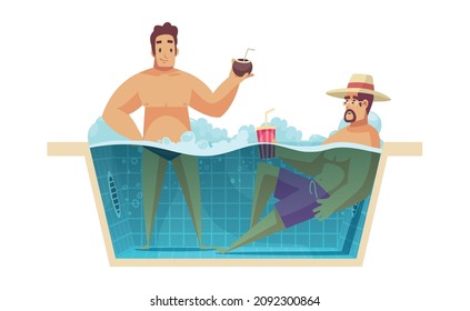 Aquapark composition with profile view of bath tub and two male characters having drinks together vector illustration