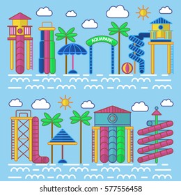 Aquapark entertainment equipments vector poster with blue background. Colorful collection of water tubes and slides, green palms, special umbrellas, white clouds and suns icons in flat style