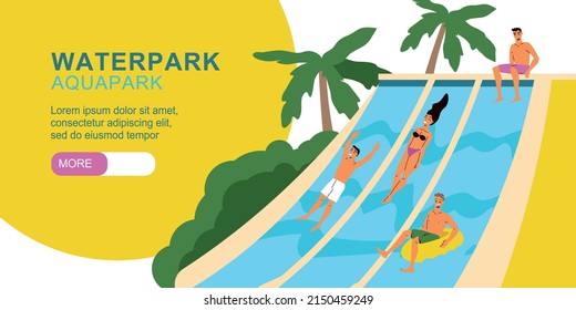 Aquapark flat horizontal banner with people getting fun on water slides vector illustration