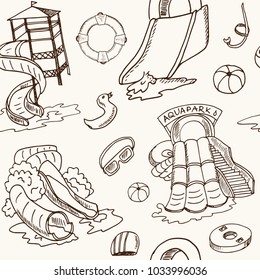 Aquapark hand drawn doodle seamless pattern. Sketches. Vector illustration for design and packages product. Symbol collection.