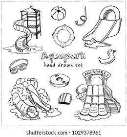 Aquapark hand drawn doodle set. Sketches. Vector illustration for design and packages product. Symbol collection.