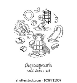 Aquapark hand drawn doodle set. Sketches. Vector illustration for design and packages product. Symbol collection.