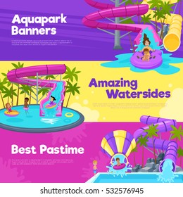 Aquapark horizontal banners with different water slides hills tubes and pools in colorful style vector illustration