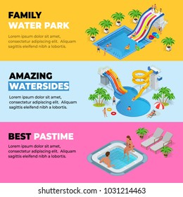 Aquapark horizontal web banners with different water slides, family water park, hills tubes and pools isometric vector illustration. design for web, site, advertising, banner, poster, board and print