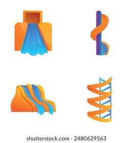 Aquapark icons set cartoon vector. Various water attraction. Amusement park