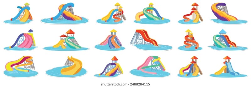 Aquapark icons set. Collection of different colorful water slides, entertainment in aqua park for summer holidays and family rest