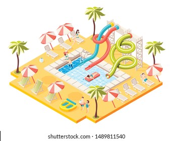 Aquapark isometric concept with entertainment sunbathing and swimming symbols vector illustration